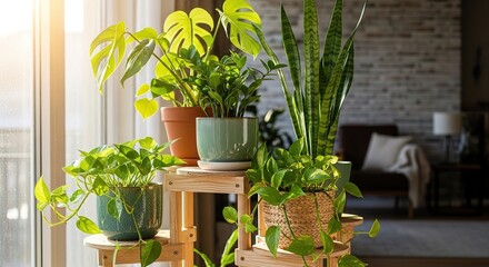 Indoor Garden Display: Monstera, ZZ Plant, Snake Plant, and Poth
