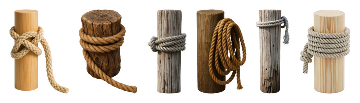 Wooden post set including new, aged, weathered, and various rope knots isolated. Nautical, marine, and rustic design elements.
