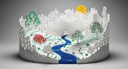 Intricate Paper Landscape with Blue River, Red Flowers, and Styl