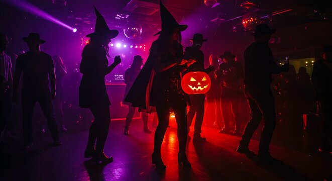 Silhouetted figures in costumes celebrate Halloween night dancing under colorful lights. - Powered by Adobe