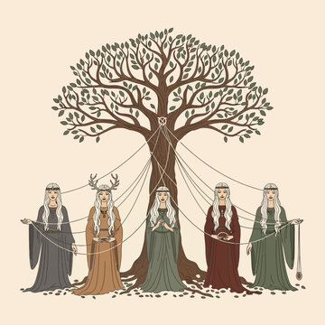 Four Norns bound by fate, under Yggdrasil, the world tree, weaving destiny.