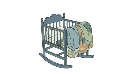 A charming hand-drawn illustration of a vintage blue rocking cradle with a cozy patchwork quilt, isolated on a white background