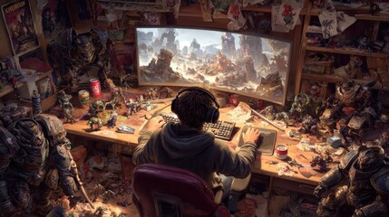 Gamer Focused On Immersive Game On Messy Desk