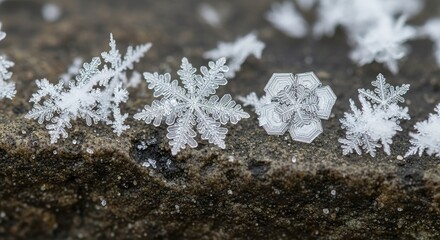 Intricate Snowflake Crystals Resting on a Textured, Dark Stone S