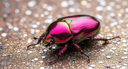 Iridescent Jewel Beetle on Sparkling Surface with Pink and Green