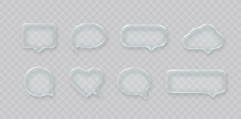 Glass speech bubble 3d icon set on transparent background. Message cloud vector object