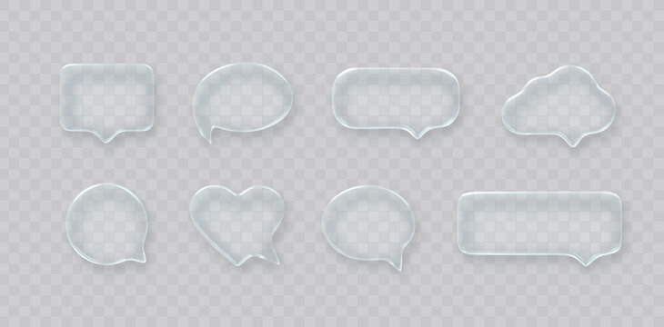 Glass speech bubble 3d icon set on transparent background. Message cloud vector object