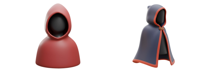 Mysterious hooded figures in stylized 3D, perfect for fantasy game assets or character design concepts with transparent background