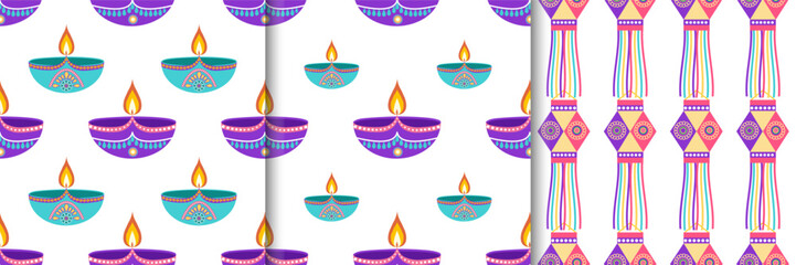 Set of Festive Diwali seamless patterns with diyas and lanterns in flat style. Deepavali vector illustration for digital and print use