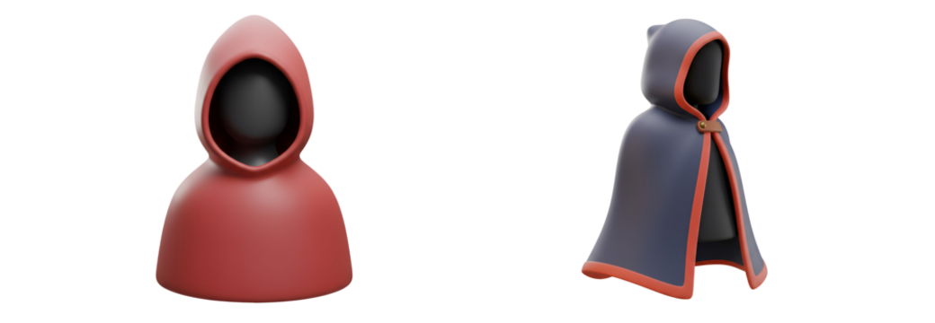 Mysterious hooded figures in stylized 3D, perfect for fantasy game assets or character design concepts with transparent background