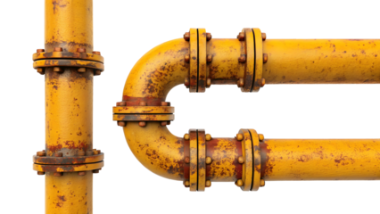 A network of yellow industrial pipes isolated on transparent background