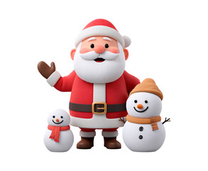 Fototapeta premium Santa claus with snowmen in festive christmas scene on transparent background, PNG
