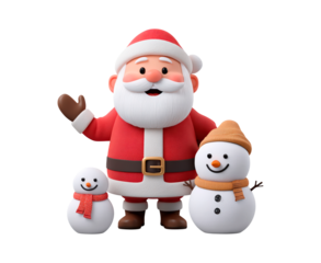 Santa claus with snowmen in festive christmas scene on transparent background, PNG