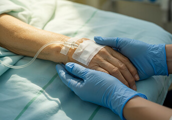 A Gentle Touch: Caring for a Patient with Intravenous Therapy, a scene of comfort and support during medical treatment, showcasing empathy and professional healthcare.