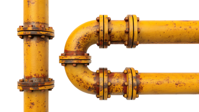 A network of yellow industrial pipes isolated on transparent background