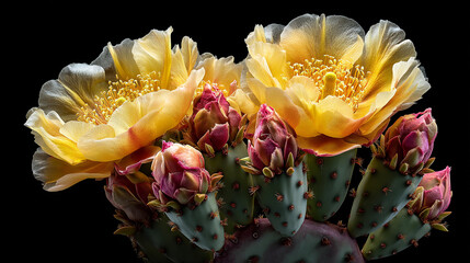 Close up of yellow cactus flowers and pink buds against a solid black background view
