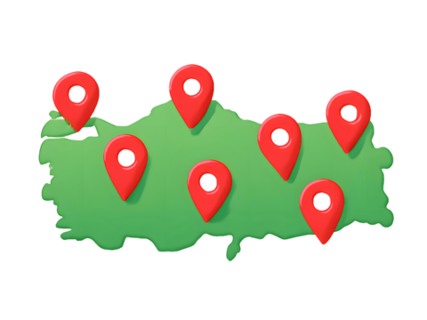 Red map markers pinpoint locations on a green turkey map isolated on transparent background