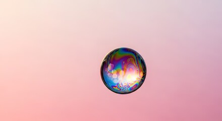 Iridescent soap bubble floating against a soft pink gradient bac
