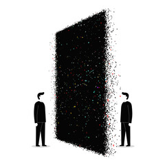 The two figures, separated by a wall of digital noise, symbolize the disconnection and alienation of the digital age, where human communication is replaced by code and data.