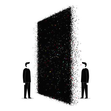 The two figures, separated by a wall of digital noise, symbolize the disconnection and alienation of the digital age, where human communication is replaced by code and data.