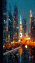 Obraz premium Rainy Night Cityscape View Through Window