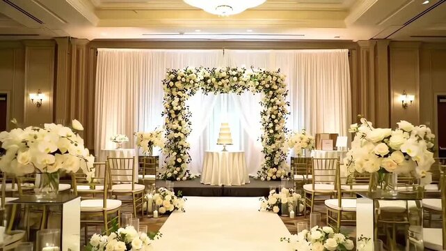 Breathtaking indoor wedding ceremony hall setup with an exquisite floral arch, elegant gold chairs, and a romantic white aisle