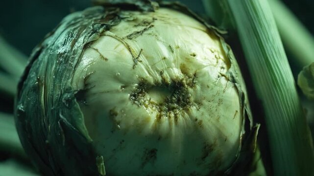 A close-up view of an onion growing on its stalk, with layers visible