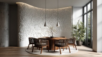Modern dining room with textured wall, round table, woven chairs, and potted plant