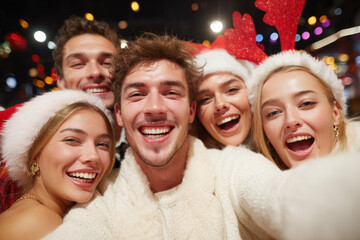 group of joyful friends dancing exuberantly at christmas party wearing festive hats