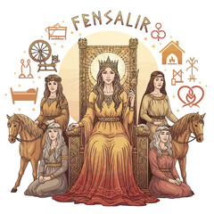 Fototapeta premium Mythological figure, seated on a throne, surrounded by attendants and symbols of a culture.