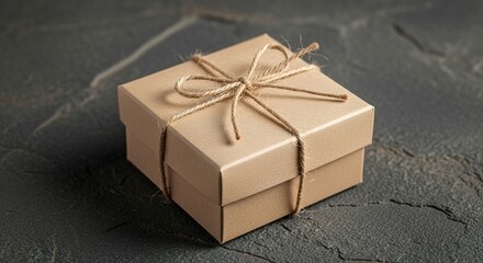 Kraft Gift Box Tied with Twine on Dark Textured Surface