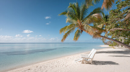 solitary lounge chair rests peacefully on pristine white sandy beach under clear blue sky