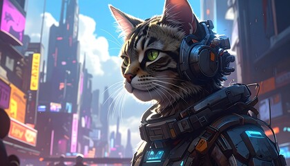 A futuristic cityscape backdrop showcases a stylish cat wearing advanced headphones and futuristic armor, highlighting vibrant colors and detailed design elements.