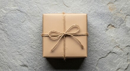 Kraft Paper Gift Box Tied with Jute Twine on Textured Gray Stone
