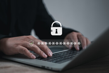 Office worker typing on laptop with password login screen and padlock security icon. Concept of cybersecurity, data protection, encryption, privacy, and online information safety.