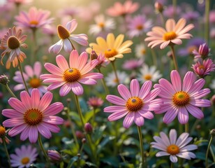 Fototapeta premium Vibrant field of cheerful daisies bathed in warm golden sunlight