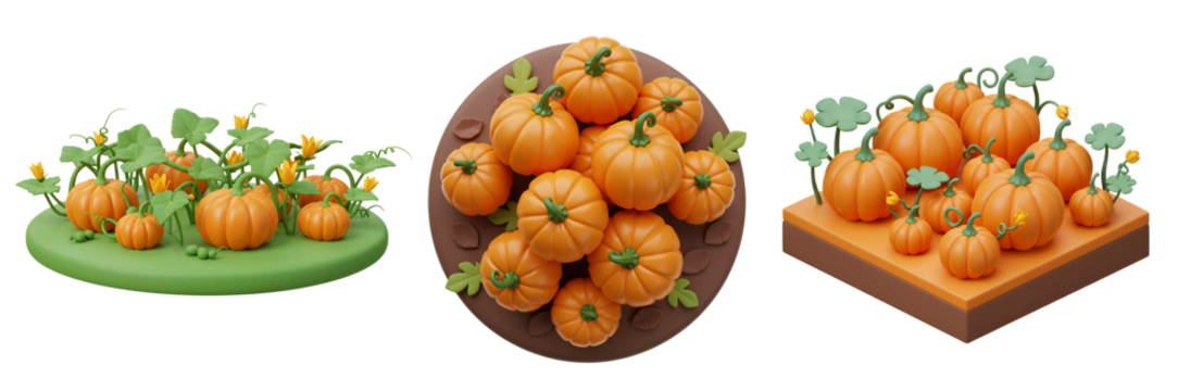 Vibrant 3D pumpkins adorning lush green patches and rich soil, perfect for autumn celebrations with transparent background - Powered by Adobe