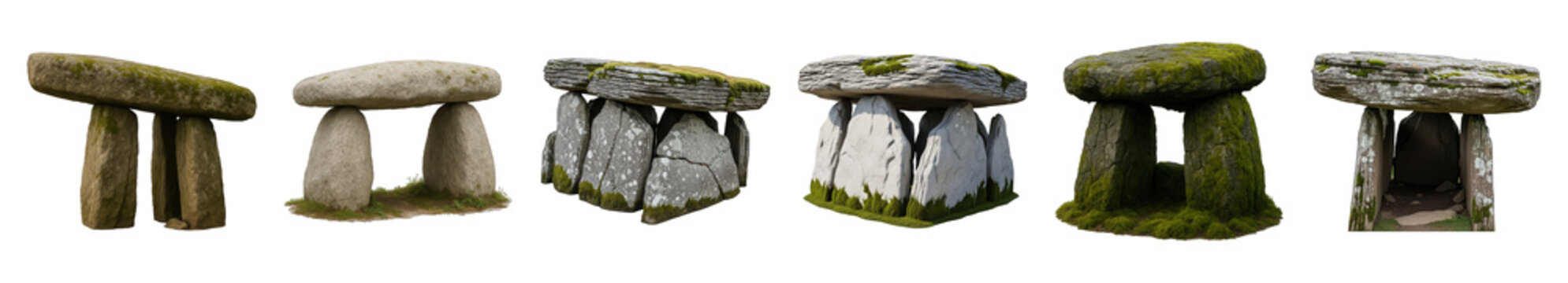 Ancient stone dolmen structures set including weathered, mossy, and stratified rock variations isolated. Prehistoric monument and fantasy design elements.