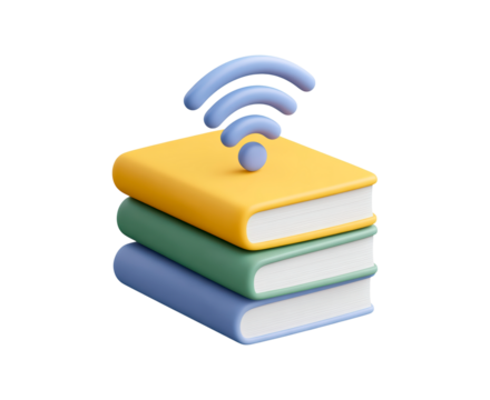 Colorful stack of books with Wi-Fi symbol representing digital learning on transparent background, PNG
