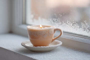 window adorned with frost patterns and single flickering candle evoking warmth