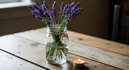 Lavender sprigs in a mason jar with a lit tea light on a rustic