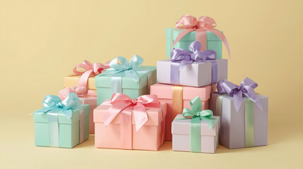 Obraz premium Pastel Gift Boxes with Elegant Ribbons: Festive, Joyful, and Elegant Presentation.