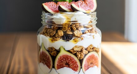 Layered Fig and Granola Parfait in Glass Jar with Honey Drizzle