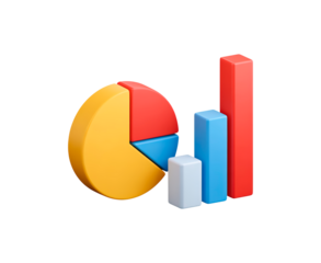 Colorful 3d pie and bar chart illustration on transparent background, PNG