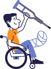 Smiling man in wheelchair with broken leg holding crutch up, rehabilitation and recovery concept, flat style illustration.