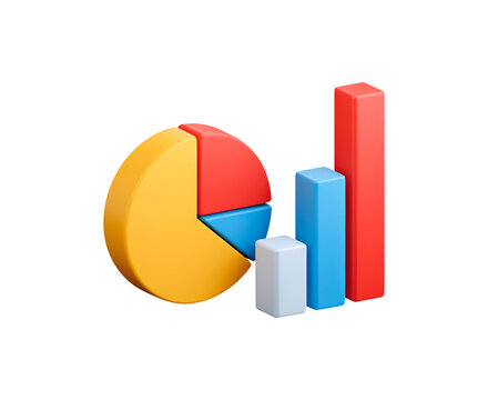 Colorful 3d pie and bar chart illustration on transparent background, PNG - Powered by Adobe