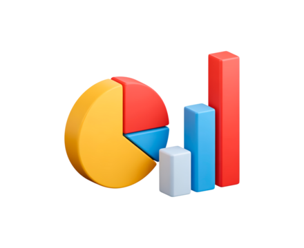 Colorful 3d pie and bar chart illustration on transparent background, PNG