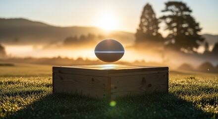 Levitating Orb Above Wooden Box at Sunrise in Dew Covered Field