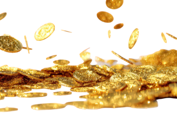 Golden Coins Falling on Glittering Gold Liquid