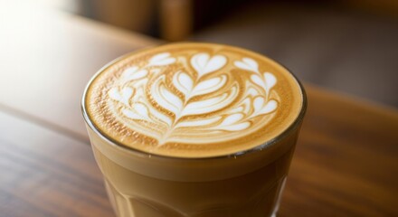 Latte art with heart shapes in a glass on a wooden table in soft morning light